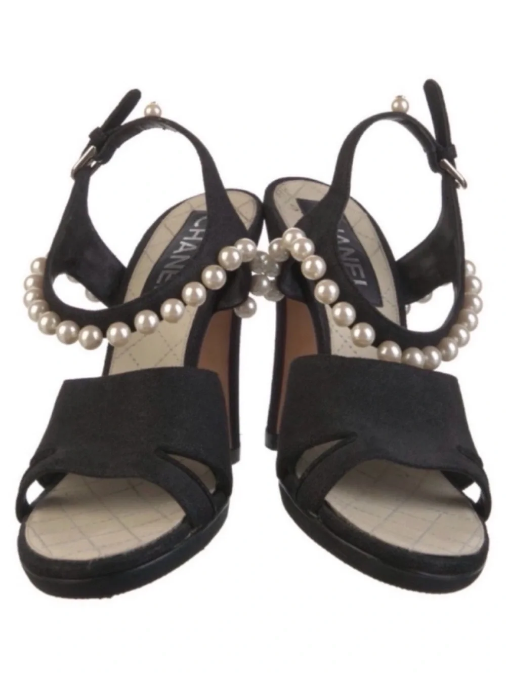 CHANEL 2014 Runway Black Suede Faux Pearl CC Slingback Sandals NWOT